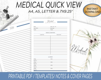 May include: Printable medical quick view template with a floral cover page. The template includes sections for personal information, medical conditions, medications, and allergies. The template is available in A4, A5, Letter, and 7x9.25 inch sizes.