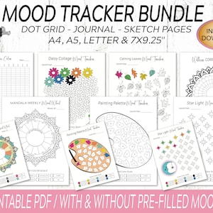 Mood Tracker-bundel / 7 digitale Mood Tracker afdrukbare inzetstukken / Mood Chart Journal / Dot Grid Paper / Lined Journal Paper / Sketch Paper