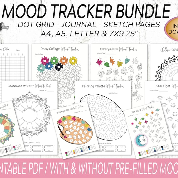 Mood Tracker Bundle / 7 Digital Mood Tracker Printable Inserts / Mood Chart Journal / Dot Grid Paper / Lined Journal Paper / Sketch Paper