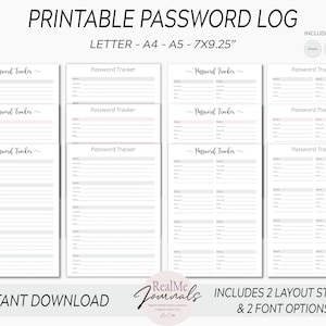 Op de afbeelding: Printbare wachtwoordlog in drie kleuren: groen, neutraal en roze. De log is beschikbaar in de formaten letter, A4, A5 en 7x9,25 inch. Het bevat twee lay-outstijlen en twee lettertypen. De tekst op de afbeelding luidt: "Printable Password Log", "Letter - A4 - A5 - 7x9.25", "Includes 3 Colors", "Green", "Neutral", "Pink", "Password Tracker", "Instant Download", "RealMe Journals", "Includes 2 Layout Styles & 2 Font Options".