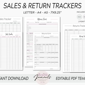 Puede incluir: Plantillas digitales de seguimiento de ventas y devoluciones en tamaños Carta, A4, A5 y 7x9,25 pulgadas. Incluye plantillas de seguimiento de ventas, formulario de devoluciones y seguimiento de devoluciones. Disponible en verde, neutro y rosa, con dos opciones de fuente.