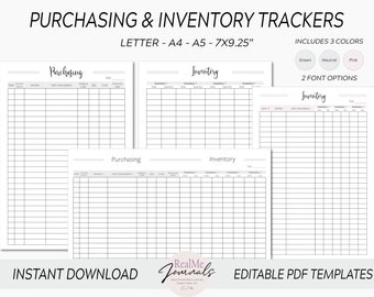 May include: Printable inventory and purchasing trackers in three colours: green, neutral, and pink. The trackers are available in letter, A4, A5, and 7x9.25 inch sizes. The text on the image reads "Purchasing & Inventory Trackers", "Letter - A4 - A5 - 7x9.25", "Includes 3 Colours", "Green", "Neutral", "Pink", "2 Font Options", "Purchasing", "Inventory", "Instant Download", "RealMe Journals", "Editable PDF Templates".