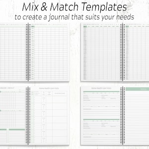 May include: A set of four blank journal pages with different layouts. The pages are designed for use as a caregiver checklist, home health care visit log, and a general notes section. The pages are bound together with a silver spiral binding.