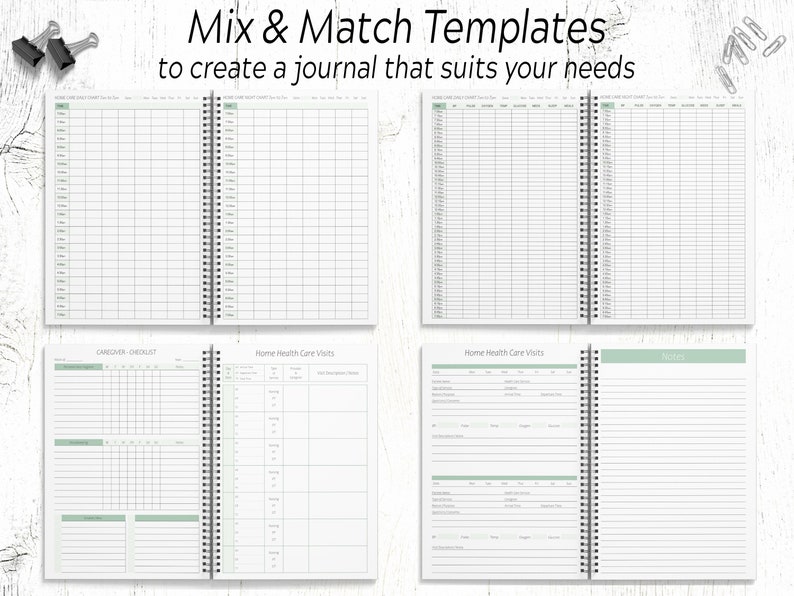 May include: A set of four blank journal pages with different layouts. The pages are designed for use as a caregiver checklist, home health care visit log, and a general notes section. The pages are bound together with a silver spiral binding.