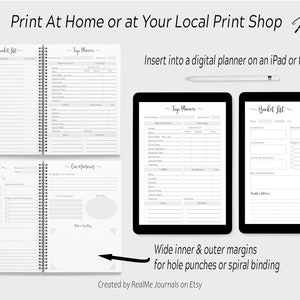 May include: Printable planner pages with a gray and white design. The pages include sections for a bucket list, trip planner, and our memories. The text "Print At Home or at Your Local Print Shop" is at the top of the image. The text "Insert into a digital planner on an iPad or tablet" is in the middle of the image. The text "Wide inner & outer margins for hole punches or spiral binding" is at the bottom of the image. The text "Created by RealMe Journals on Etsy" is at the bottom of the image.