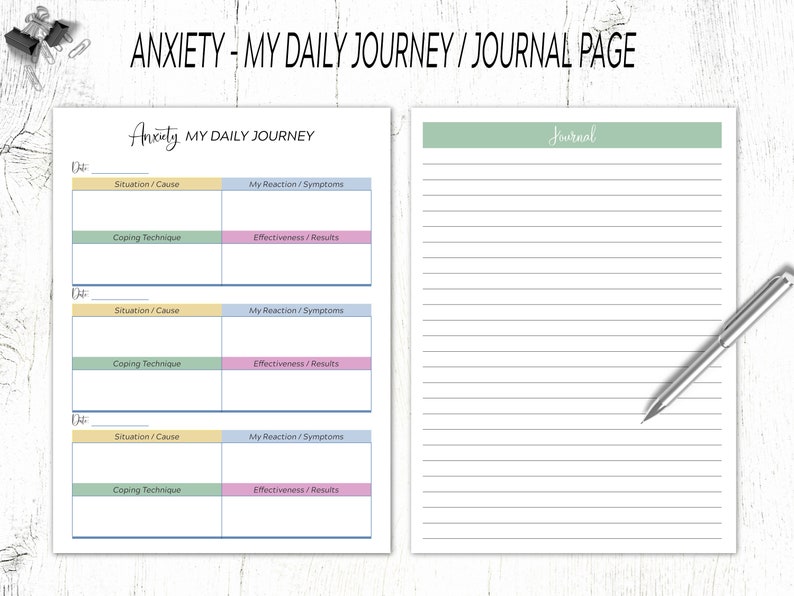 May include: Printable anxiety journal page with a section for daily journaling and a section for tracking anxiety triggers, coping techniques, and effectiveness of coping techniques. The journal page has a light blue, yellow, green, and pink color scheme.