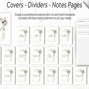 May include: A set of printable medical planner covers, dividers, and note pages. The covers feature watercolor floral designs with gold frames and text such as "Medical Planner", "Allergies", "Eye Care", and "Dental Records".