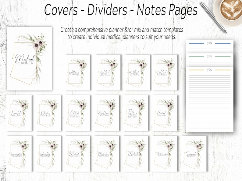 May include: A set of printable medical planner covers, dividers, and note pages. The covers feature watercolor floral designs with gold frames and text such as "Medical Planner", "Allergies", "Eye Care", and "Dental Records".