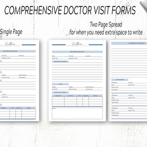 May include: Two printable doctor visit forms, one single page and one two-page spread. The forms include sections for date, time, provider, reason for visit, questions and concerns, vitals, diagnosis and discussion, test ordering, test results, and medication updates.