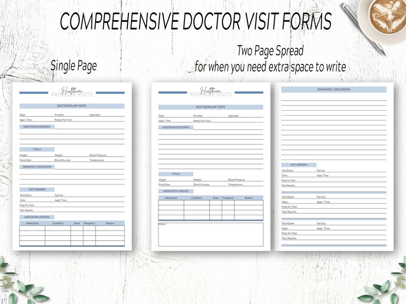 May include: Two printable doctor visit forms, one single page and one two-page spread. The forms include sections for date, time, provider, reason for visit, questions and concerns, vitals, diagnosis and discussion, test ordering, test results, and medication updates.
