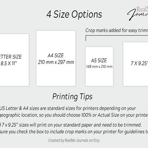 May include: A graphic showing four different sizes of printable journal pages. The sizes are Letter (8.5 x 11 inches), A4 (210 mm x 297 mm), A5 (148 mm x 210 mm), and 7 x 9.25 inches. The graphic includes printing tips for each size.