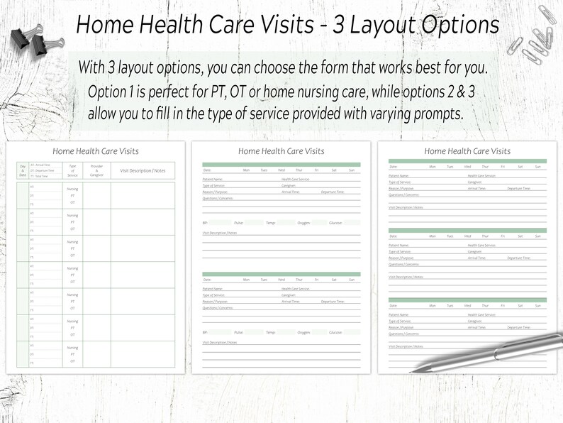 May include: Three printable home health care visit log templates. The first template has columns for date, service type, provider, and visit description. The second and third templates have columns for date, patient name, type of service, health care service, arrival time, and departure time. The templates are designed to help track home health care visits.