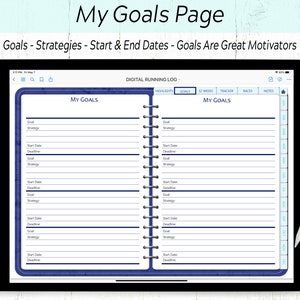 Pode incluir: Uma p&aacute;gina de planejador digital com o t&iacute;tulo "My Goals Page" e o texto "Goals - Strategies - Start & End Dates - Goals Are Great Motivators". A p&aacute;gina &eacute; dividida em duas se&ccedil;&otilde;es, cada uma com o cabe&ccedil;alho "My Goals". Cada se&ccedil;&atilde;o tem uma lista de campos para a defini&ccedil;&atilde;o de metas, incluindo "Goal", "Strategy", "Start Date" e "Deadline".