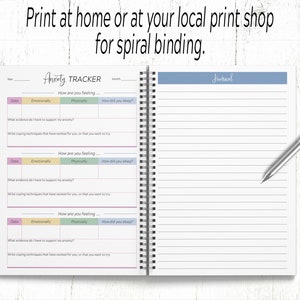 May include: A printable anxiety tracker journal with a spiral binding. The journal has sections for tracking emotional, physical, and sleep quality. It also includes space for journaling and writing coping techniques.