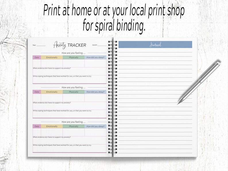 May include: A printable anxiety tracker journal with a spiral binding. The journal has sections for tracking emotional, physical, and sleep quality. It also includes space for journaling and writing coping techniques.