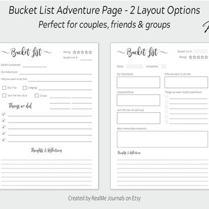 May include: Two printable bucket list adventure pages with different layouts. The left page has a checklist for things to do and a section for thoughts and reflections. The right page has sections for details, completed items, why you want to do this, things you want to experience, and most memorable moments.