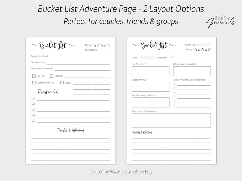 May include: Two printable bucket list adventure pages with different layouts. The left page has a checklist for things to do and a section for thoughts and reflections. The right page has sections for details, completed items, why you want to do this, things you want to experience, and most memorable moments.