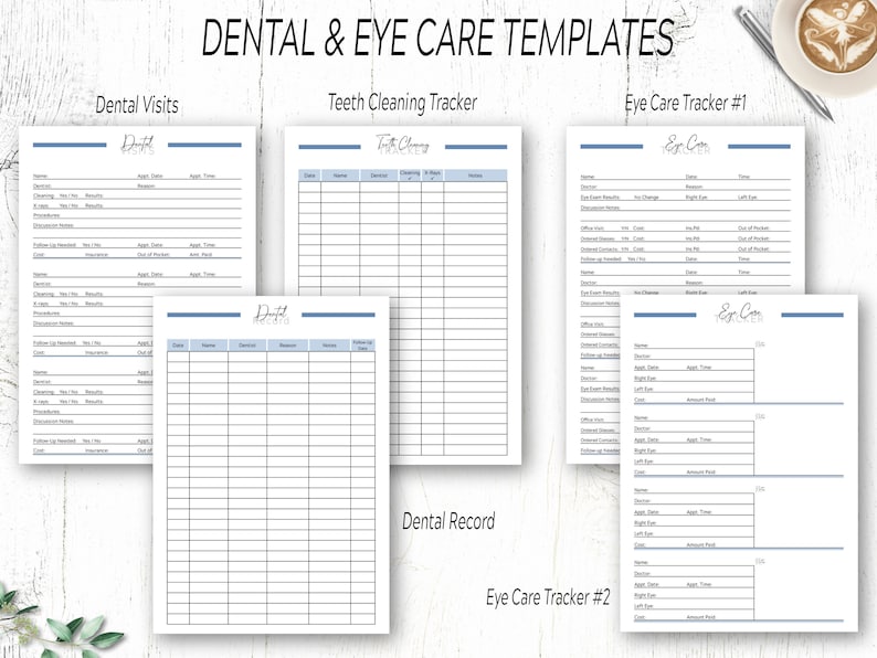 May include: Printable templates for tracking dental and eye care appointments. The templates include sections for date, name, doctor, appointment type, results, insurance, out of pocket costs, and notes. The templates are designed with a blue and white color scheme.