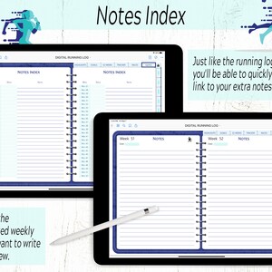 Pode incluir: Um aplicativo de registro de corrida digital com um &iacute;ndice de notas. O aplicativo tem um esquema de cores azul e branco e apresenta um &iacute;cone de figura correndo. O &iacute;ndice de notas permite que os usu&aacute;rios se conectem r&aacute;pida e facilmente a p&aacute;ginas de notas adicionais.