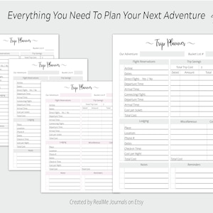 May include: Printable trip planner with sections for flight reservations, lodging, miscellaneous expenses, and notes. The planner has a gray and white color scheme with the text "Trip Planner" at the top of each page.