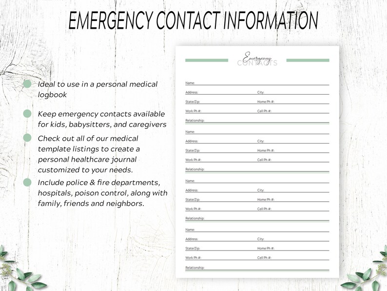 Modulo di contatto di emergenza stampabile: elenco di informazioni, note, copertina (PDF) immagine 2