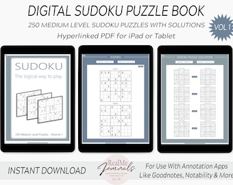 Peut inclure: Un livre numérique de Sudoku avec 250 puzzles de niveau moyen et leurs solutions. Le livre est hyperlié pour une utilisation sur iPad ou tablette. La couverture présente un design bleu et blanc avec le texte "Digital Sudoku Puzzle Book" et "Vol 1".
