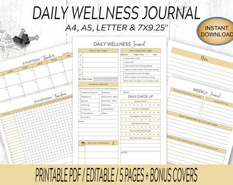 Daily Wellness Journal - Monthly Symptom Tracker - Pain Tracker Printable - PDF INSTANT DOWNLOAD