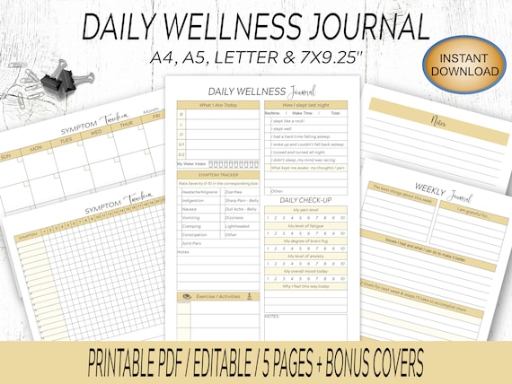 Daily Wellness Journal - Monthly Symptom Tracker - Pain Tracker Printable - PDF INSTANT DOWNLOAD