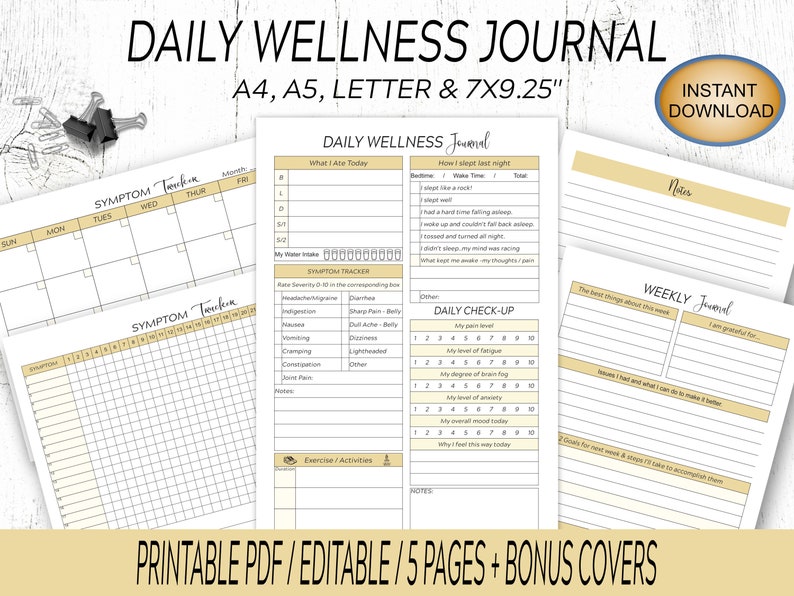 May include: Printable daily wellness journal with a yellow and white color scheme. The journal includes sections for tracking symptoms, water intake, sleep, daily check-up, and weekly reflections. The journal is available in A4, A5, Letter, and 7x9.25 inch sizes.