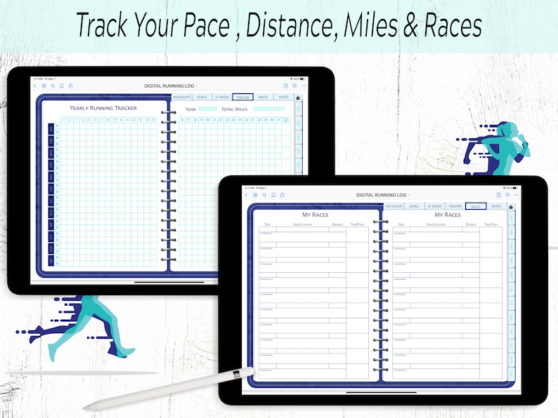 Pode incluir: Duas telas de tablet digital que exibem um modelo de registro de corrida digital. O modelo inclui se&ccedil;&otilde;es para o rastreador de corrida anual, o total de quil&ocirc;metros e as informa&ccedil;&otilde;es da corrida. As telas est&atilde;o em uma superf&iacute;cie de madeira branca com uma caneta stylus.