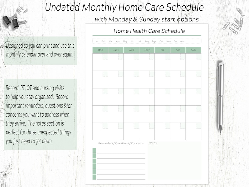 May include: A printable monthly home care schedule with a calendar grid for recording appointments and notes. The schedule includes sections for reminders, questions, concerns, and notes.