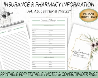 Insurance Information Tracker Printable: Pharmacy, Notes & Cover (PDF)