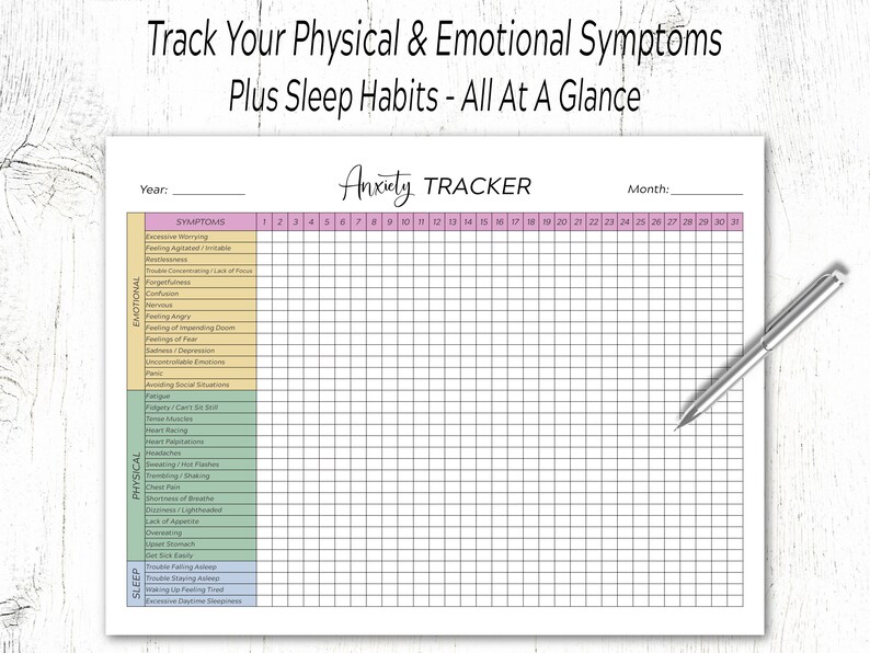 May include: A printable anxiety tracker with a grid for tracking symptoms, sleep habits, and emotional states. The tracker is divided into sections for physical, emotional, and sleep symptoms. The tracker is labeled "Anxiety Tracker" and has a pink and green color scheme.
