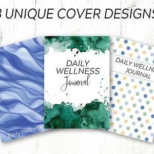 May include: Three different cover designs for a daily wellness journal. The first cover features a blue watercolor swirl pattern. The second cover has a green watercolor splatter design with the text "Daily Wellness Journal". The third cover has a yellow, blue, and green polka dot pattern.