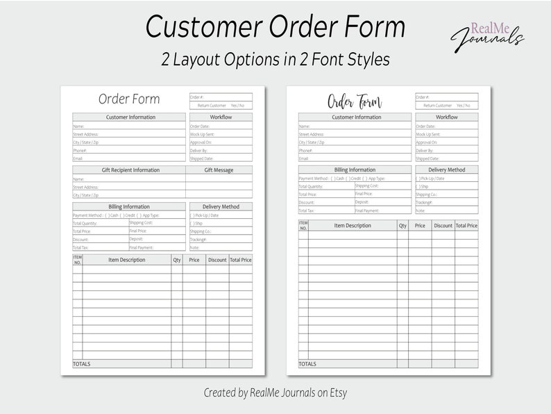 Customer Order Form / Printable Purchase Order Form Template for Small ...