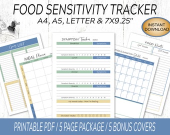 May include: Printable food sensitivity tracker with five pages, including a meal planner, symptom tracker, food elimination schedule, and food lists. The pages are designed with a blue and green color scheme and have a modern, minimalist aesthetic.