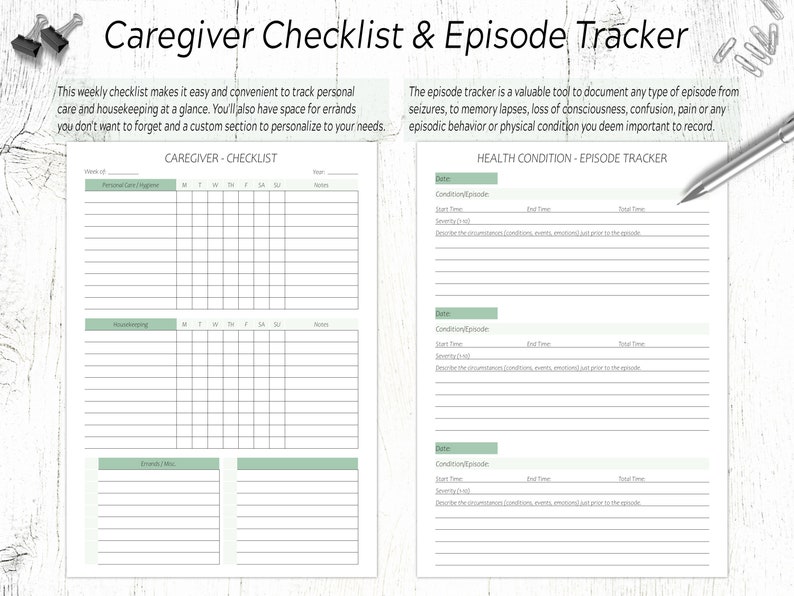 May include: A printable checklist and tracker for caregivers. The checklist includes sections for personal care, housekeeping, and errands. The tracker is for recording health conditions and episodes, including start and end times, severity, and a description of the circumstances.
