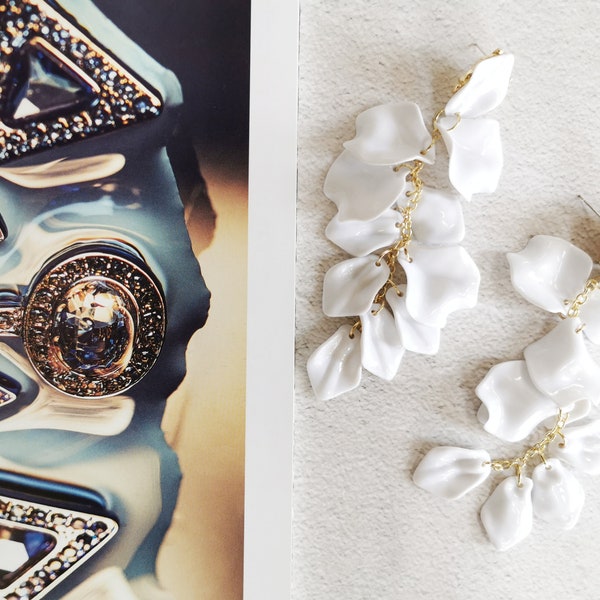 Elegant Gold Petal Earrings in White main image 1