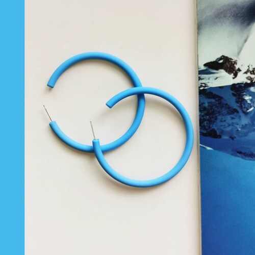 Large 3.5 Inch Thin Blue Hoop Earrings - Lightweight Statement Earrings