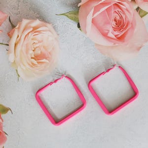 Bright Pink Square Hoop Earrings