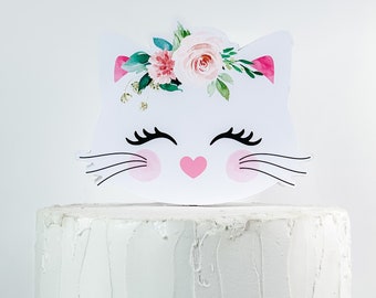 Kitty Cat Cake Topper - Kitten Party Cupcake Topper - Cat Birthday Party - Pink Floral Gold