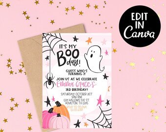 Pink Halloween Party - It's My Boo Day - Hey Boo Digital Invitation - EDITABLE in Canva - Pink Halloween - Cute Halloween Birthday