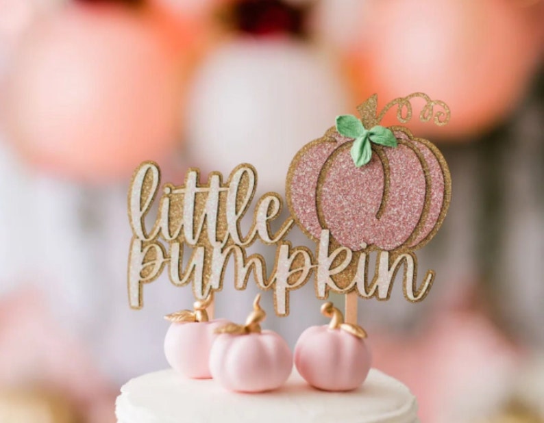 Pumpkin Baby Shower Pumpkin Cake Topper Pumpkin Theme Birthday Glitter Cake Topper Gold Rose Gold Coral Peach Pink Cake Topper image 1