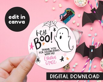 Hey Boo Sticker Template - Edit in Canva - Digital Download - Print from Home - Halloween Favor Bag Stickers Labels - Pink Halloween