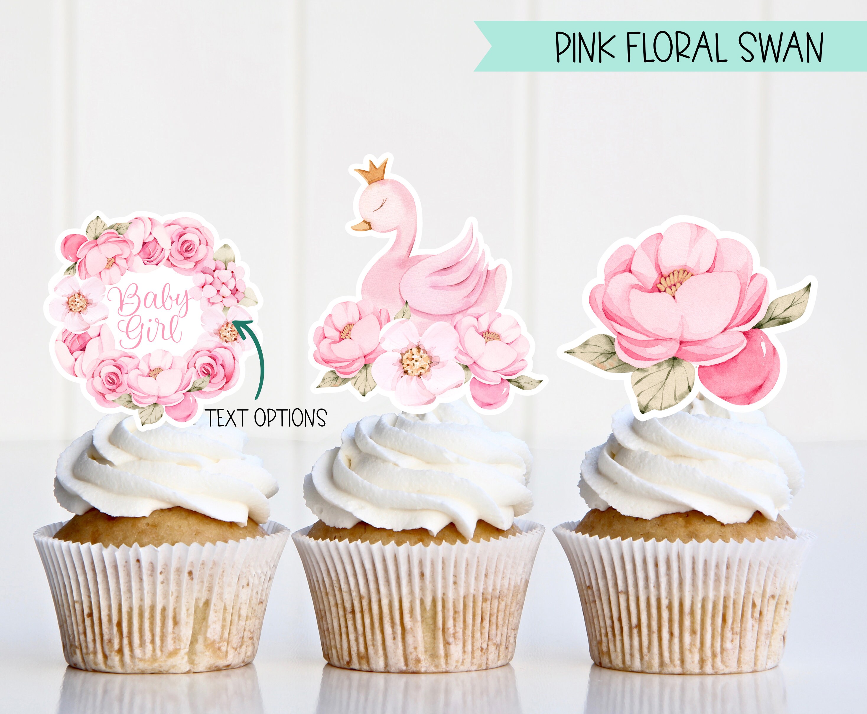 Pink Floral Swan Swan Cupcake Toppers Cupcake Toppers Etsy