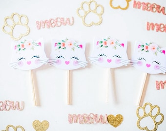 Set of 24 Kitty Cat Cupcake Toppers - Kitten Party Cupcake Topper - Cat Birthday Party - Pink Floral Gold