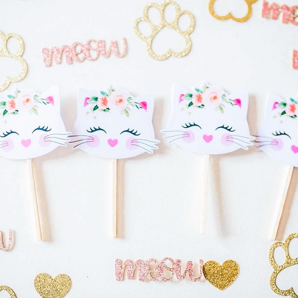 Set of 24 Kitty Cat Cupcake Toppers - Kitten Party Cupcake Topper - Cat Birthday Party - Pink Floral Gold