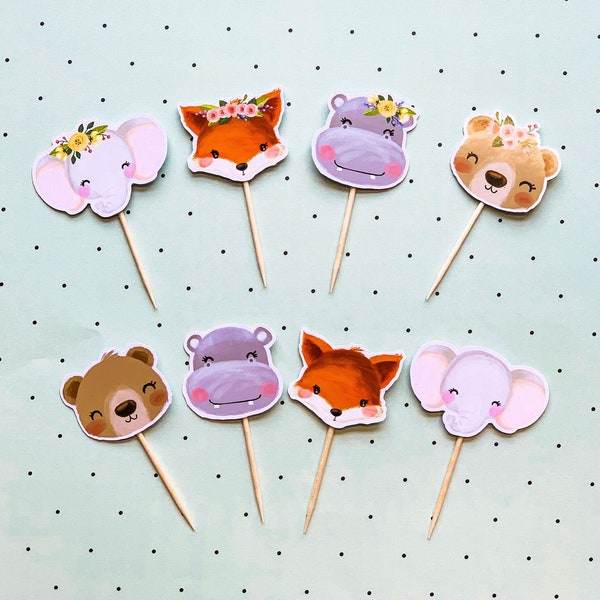 Animal - Bear - Hippo - Fox - Elephant - Set of 24 - Cupcake Toppers - Cute Fox Cupcake Topper - Boho - Woodland Birthday Party - Floral