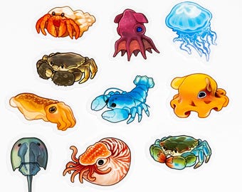 以下が含まれることがあります： 様々な海の生き物を描いた、カラフルな漫画風ステッカーのコレクション。カニ、タコ、クラゲ、ロブスター、イカ、オウムガイなど、それぞれユニークな色とディテールが特徴です。白い背景にステッカーが配置されています。