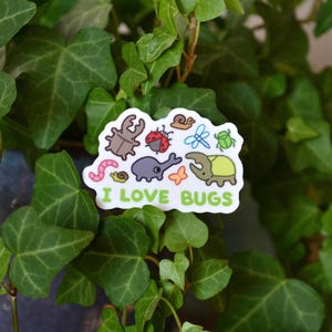 May include: A white sticker featuring cartoon insects such as a beetle, ladybird, and snail. The sticker reads "I LOVE BUGS" in green text. The sticker is set against a backdrop of green leaves.